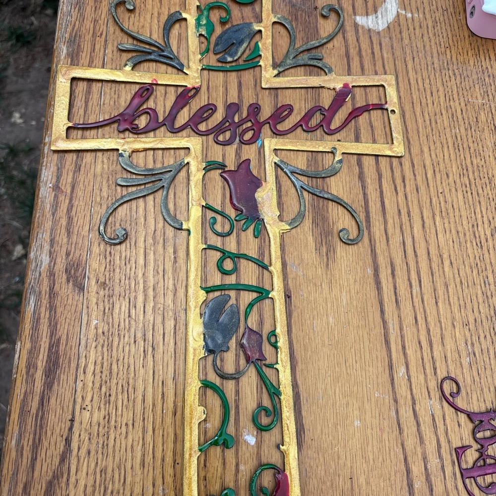 Decorative Metal Cross with 'Blessed' Inscription